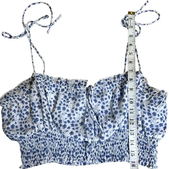 Princess Polly Blue Floral Smocked Crop Top Tie Strap Ruffle Cottagecore Size 12 - Picture 4 of 5